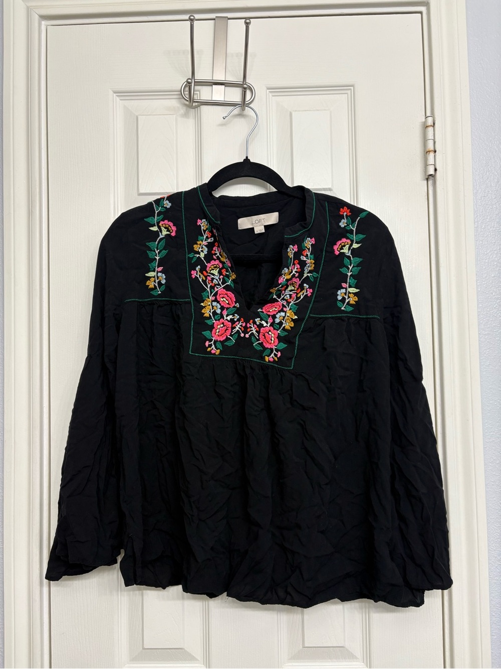 LOFT Black Embroidered V-Neck Tunic with Floral Accents